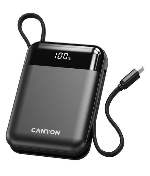 Canyon OnPower 104, powerbanka 10 000 mAh, 22.5 W, USB-C / USB-A, integrované káble USB-C + Lightning, čierna0 