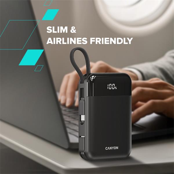 Canyon OnPower 104, powerbanka 10 000 mAh, 22.5 W, USB-C / USB-A, integrované káble USB-C + Lightning, čierna9 