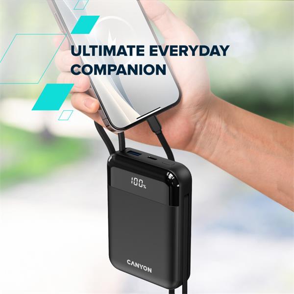 Canyon OnPower 104, powerbanka 10 000 mAh, 22.5 W, USB-C / USB-A, integrované káble USB-C + Lightning, čierna18 