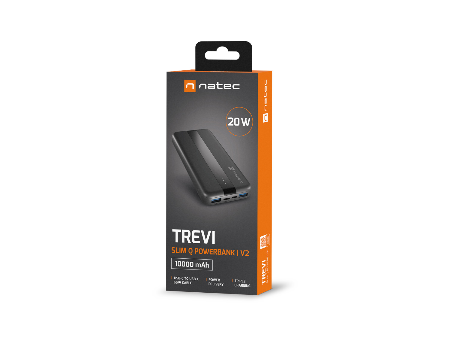 Power banka Natec TREVI SLIM Q V2 10000mAh, 2X USB-A 18W, 1X USB-C 20W, USB-C - USB0-C kábel, čierna1 