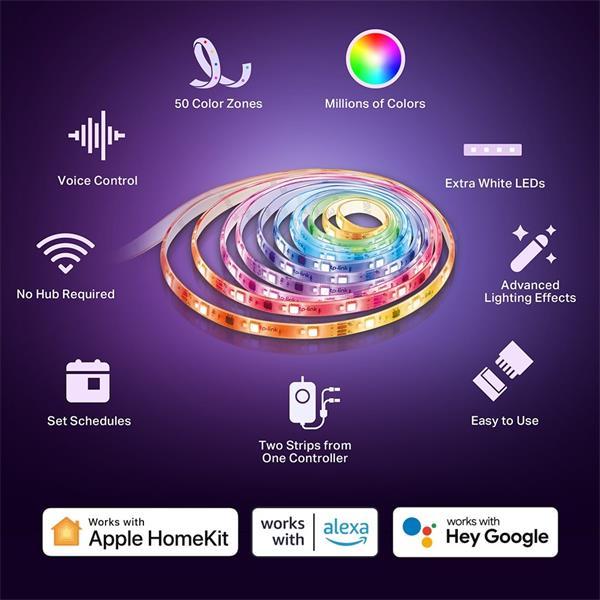 Smart Light Strip, Multicolor SPEC: 2.4 GHz Wi-Fi, 802.11b/g/n, two 16.4 ft/5m RGBW+IC LED light strips, 2000lm, 2500K~6 