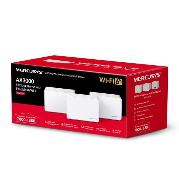 AX3000 Whole Home Mesh Wi-Fi 6 System SPEED: 574 Mbps at 2.4 GHz + 2402 Mbps at 5 GHz SPEC: Internal Antennas, 3× Gigabi 