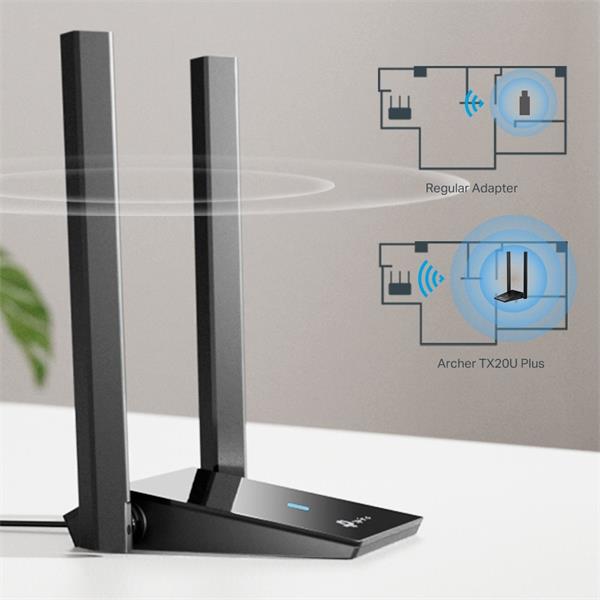 AX1800 High Gain Dual Band Wi-Fi 6 USB Adapter SPEED: 1201 Mbps at 5 GHz + 574 Mbps at 2.4 GHz SPEC: 2× High Gain Extern 