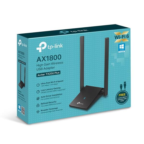 AX1800 High Gain Dual Band Wi-Fi 6 USB Adapter SPEED: 1201 Mbps at 5 GHz + 574 Mbps at 2.4 GHz SPEC: 2× High Gain Extern 
