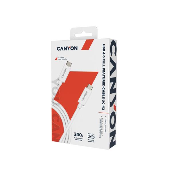 Canyon UC-42, 2 m kábel USB-C / USB-C, 48V/5A, výkon 240W EPR, 20GBPS, pre notebooky, E-mark čip, biely 