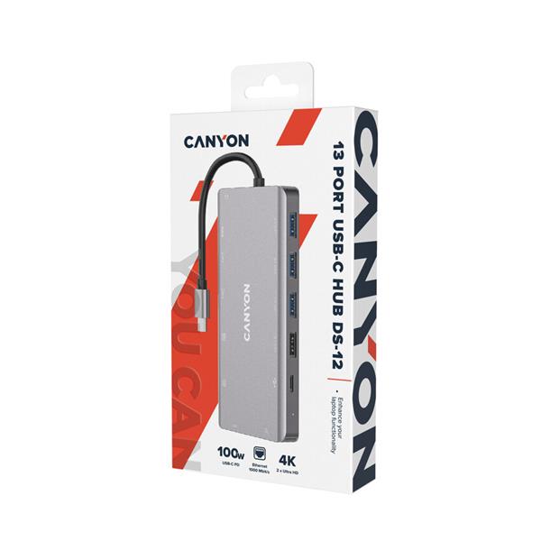 Canyon DS-12, Multiport Docking Station, 13 portov, 1xUSB-C 100W+3xUSB3.0+1xUSB 2.0+2xHDMI+1xVGA+1xRJ45+1xaudio 3,5mm 