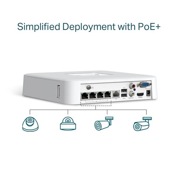 4 Channel PoE Network Video Recorder SPEC: H.265+/H.265/H.264+/H.264, Up to 8MP resolution, Decoding capability/4-ch @4M 