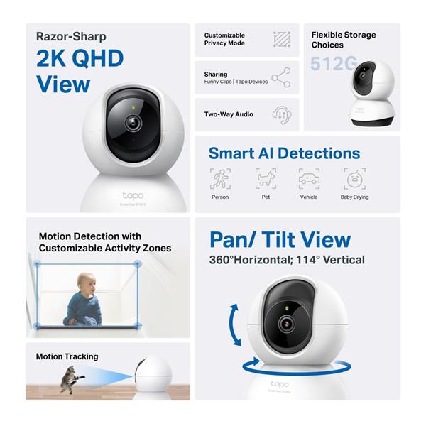 Pan/Tilt AI Home Security Wi-Fi Camera SPEC: 2K QHD (2560x1440), 2.4 GHz, Horizontal 360o  FEATURE: Pan/Tilt, Smart AI D 