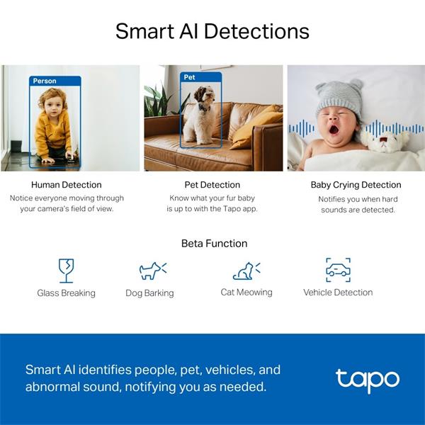 Pan/Tilt AI Home Security Wi-Fi Camera SPEC: 2K QHD (2560x1440), 2.4 GHz, Horizontal 360o  FEATURE: Pan/Tilt, Smart AI D 