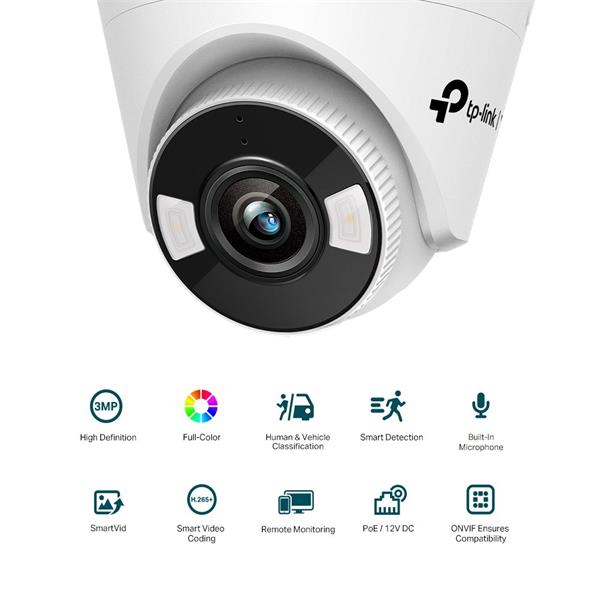 3MP Full-Color Turret Network Camera SPEC:H.265+/H.265/H.264+/H.264, 1/2.8" Progressive Scan CMOS, Color/0.005 Lux@F1.6, 