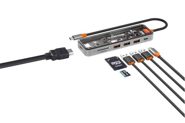 Canyon DS-13, Multiport Docking Station, 7 portov, 1xUSB-C 100W, 3xUSB 3.0, 1xHDMI 4K, čítačka kariet SD/micro SD 
