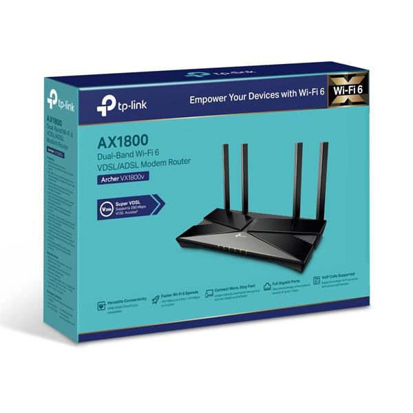 AX1800 Dual-Band Wi-Fi 6 VDSL/ADSL Modem Router  SPEED: 574 Mbps at 2.4 GHz + 1201 Mbps at 5 GHz  SPEC: 4× External Ante 