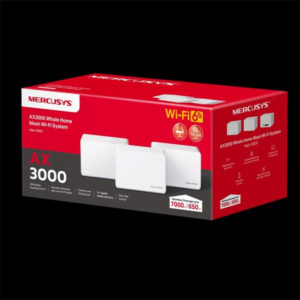 AX3000 Whole Home Mesh Wi-Fi 6 System SPEED: 574 Mbps at 2.4 GHz + 2402 Mbps at 5 GHz SPEC: Internal Antennas, 3× Gigabi 