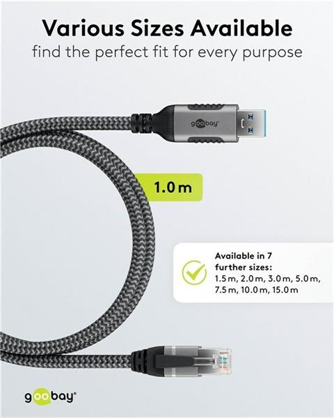 Kábel USB A 3.0 na RJ45 (Gigabit Ethernet), 1m, čierny/sivý 