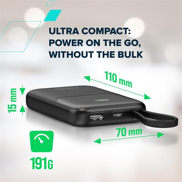 Canyon OnPower 101, Powerbank, 10.000 mAh, displej, in: USB-C, out: USB-A, QC 3.0/USB-C, PD 22,5W, integ. káb.. 