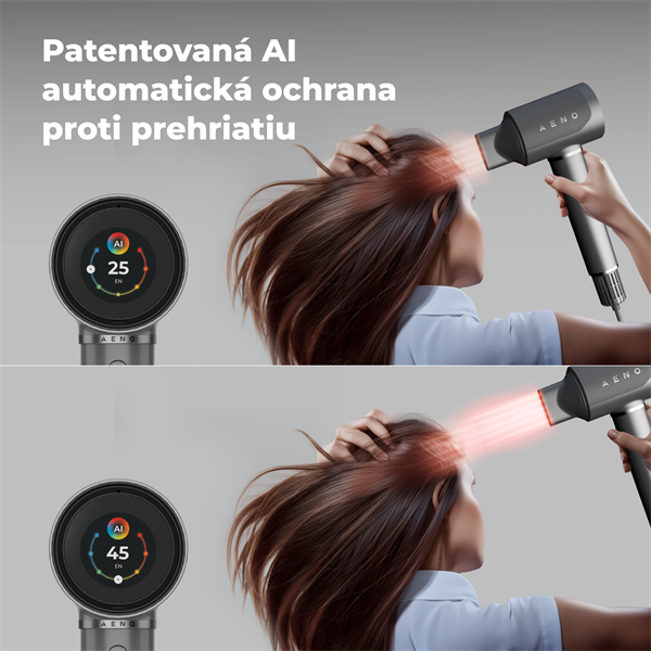 AENO AI ProDryer Fén HD5 šedý, 100km/h, Hlasové ovl., ionizátor, AI, NTC, Gravity/Infra senzor, 67 dB, LED 