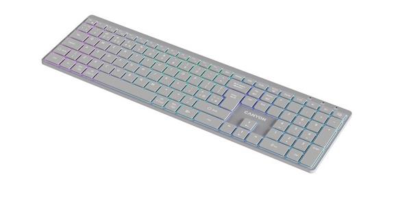 Canyon HKB-W11, 2v1 bezdrôtová klávesnica, vodeodolná, 12 multim. kláves, RGB podsv, plnoh. veľkosť, štíhla, SK/CZ, šedá 