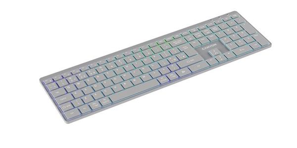 Canyon HKB-W11, 2v1 bezdrôtová klávesnica, vodeodolná, 12 multim. kláves, RGB podsv, plnoh. veľkosť, štíhla, SK/CZ, šedá 