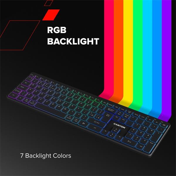 Canyon HKB-W11, 2v1 bezdrôtová klávesnica, vodeodolná, 12 multim. kláves, RGB podsv, plnoh. veľkosť, štíhla, SK/CZ, šedá 