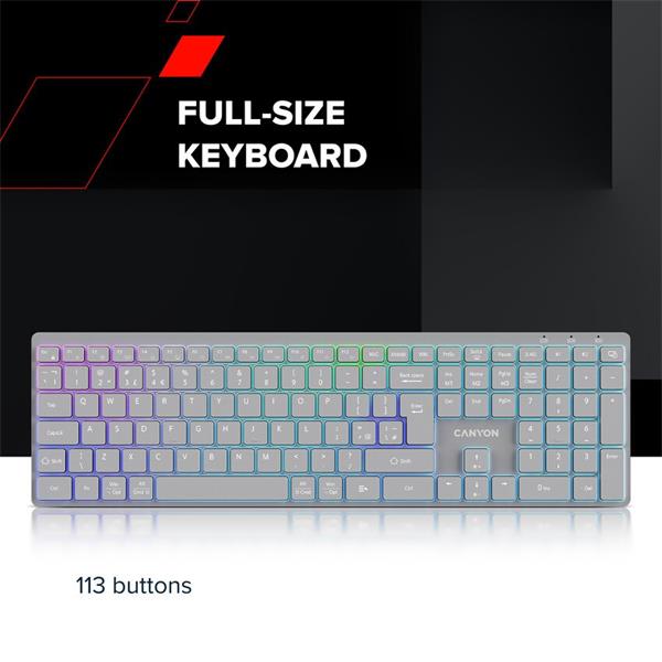 Canyon HKB-W11, 2v1 bezdrôtová klávesnica, vodeodolná, 12 multim. kláves, RGB podsv, plnoh. veľkosť, štíhla, SK/CZ, šedá 