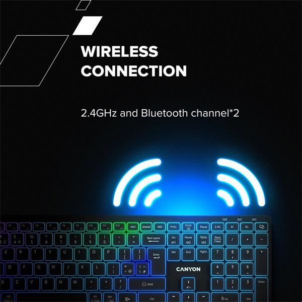 Canyon HKB-W11, 2v1 bezdrôtová klávesnica, vodeodolná, 12 multim. kláves, RGB podsv, plnoh. veľkosť, štíhla, SK/CZ, šedá 