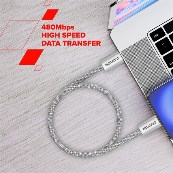 Canyon CCMG60AB15, 1 m kábel, USB-C / USB-C, magnet, PD 60 W, opletený, biely 