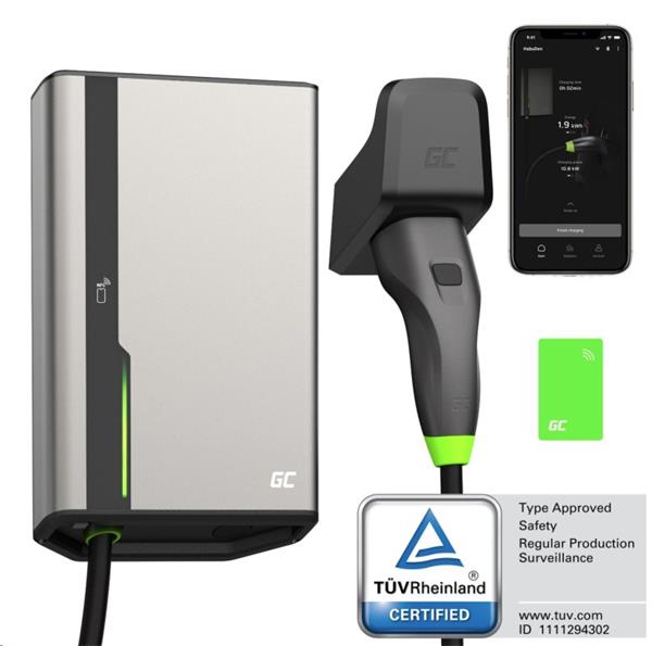 Green Cell GC HabuDen Wallbox 22kW prémiová nabíjacia stanica pre elektrické vozidlá s aplikáciou a RFID, 7,5m kábel 