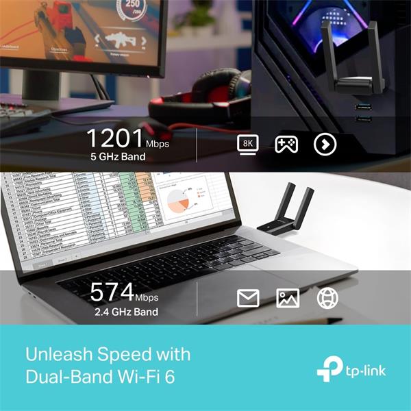  AX1800 Dual Antennas High Gain Wireless USB Adapter SPEED: 1201 Mbps at 5 GHz + 574 Mbps at 2.4 GHz SPEC: 2× High Gain  