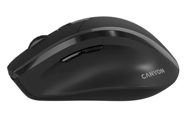 Canyon OnClick 17, ergonomická bezdrôtová optická myš pre pravákov, USB prijímač, 6 tlačidiel, 800/1200/1600 DPI, čierna 