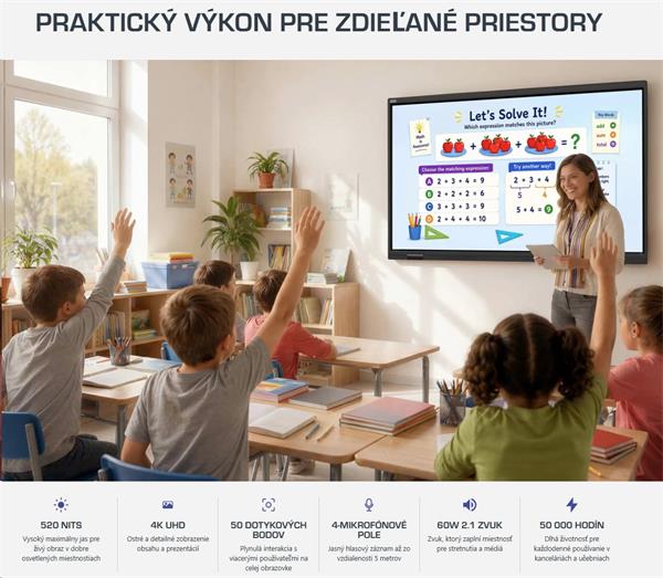 75" LIGHT GEN 7 Séria PRESTIGIO SOLUTIONS, Android 14 Google EDLA + upgr 16, 50 dotyk, 9H, 3x20W, 100 000:1, AI tlačidlo 