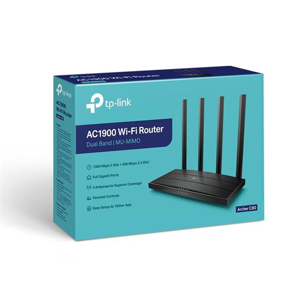 AC1900 Dual-Band Wi-Fi Router SPEED: 600 Mbps at 2.4 GHz + 1300 Mbps at 5 GHz  SPEC:  4× Antennas, 1× Gigabit WAN Port + 