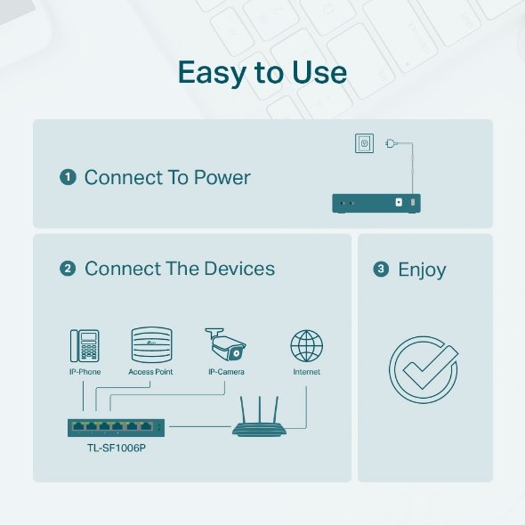 6-Port 10/100 Mbps Desktop Switch with 4-Port PoE+ PORT: 4× 10/100 Mbps PoE+ Ports, 2× 10/100 Mbps Non-PoE Ports SPEC: 8 