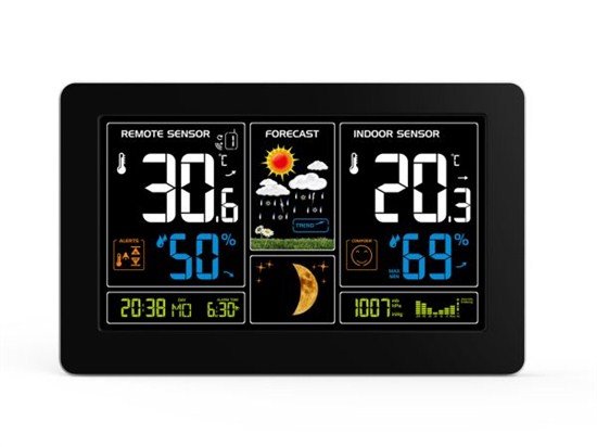Solight meteostanica, extra veľký farebný LCD, teplota, vlhkosť, tlak, RCC, USb nabíjanie, čierna