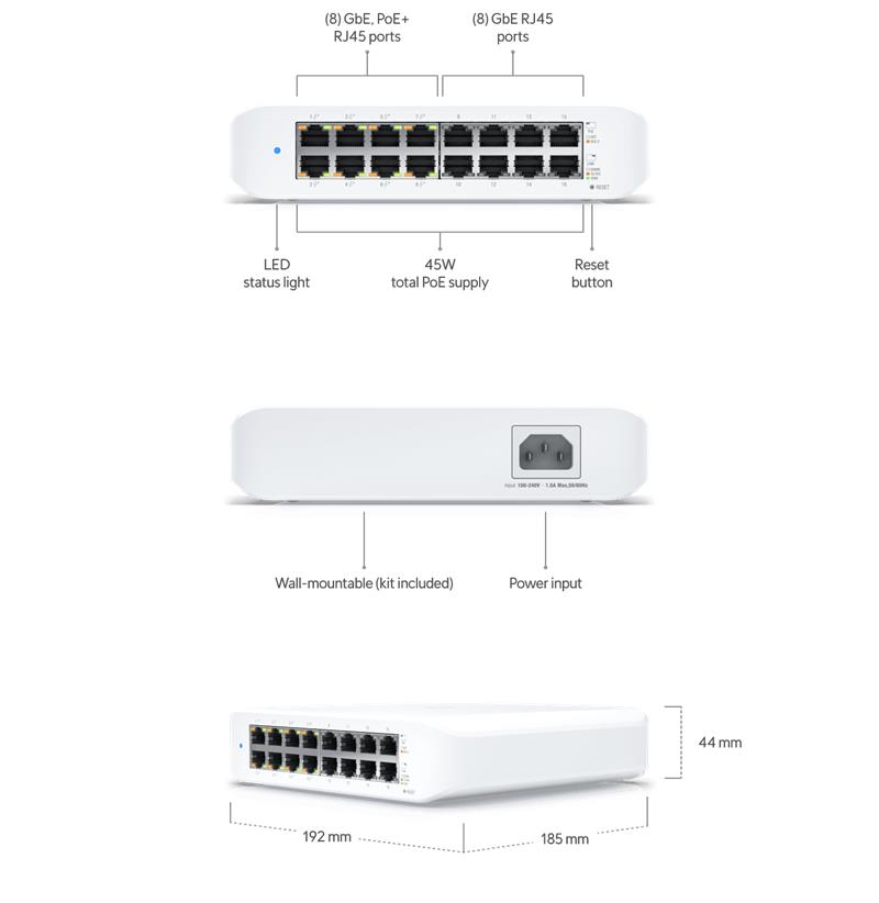 Ubiquiti UniFi switch Gen2 USW-Lite-16-POE  16x1000Mbps    POE/POE+ (45W) 