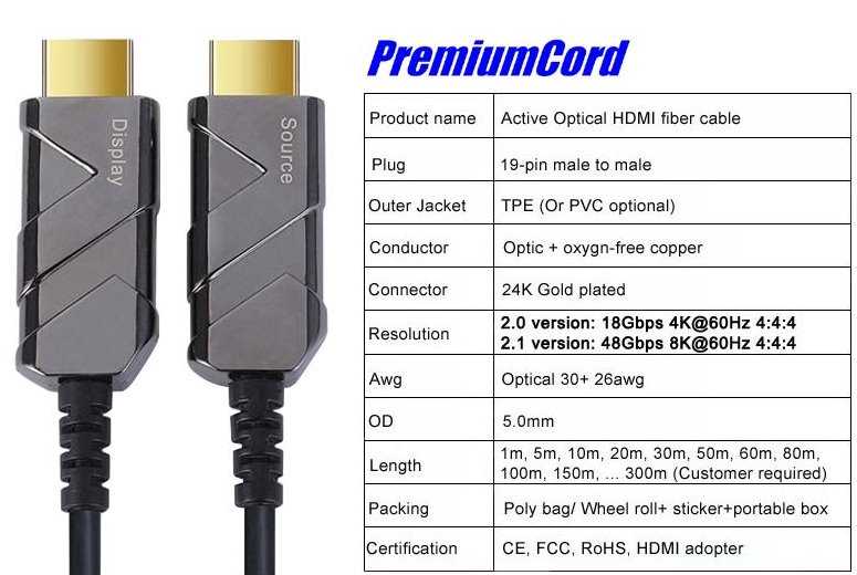 PremiumCord Ultra High Speed HDMI 2.1 optický fiber kabel 8K@60Hz, pozlátený 15m 