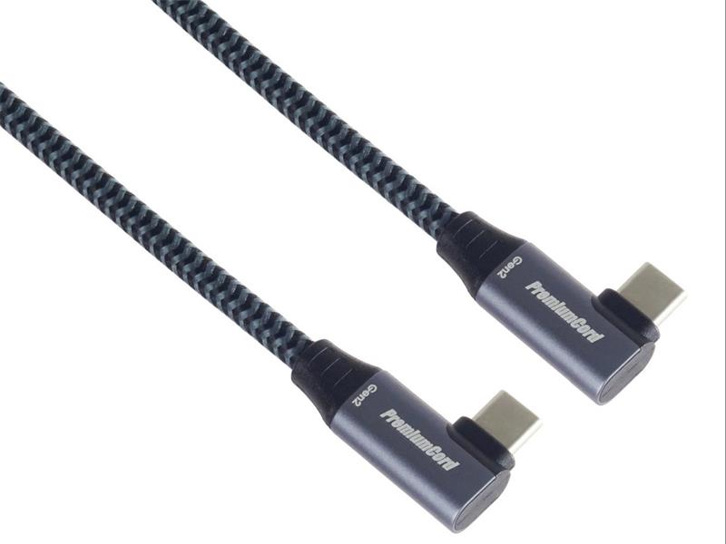 PremiumCord USB-C 2x zahnutý kábel ( USB 3.2 GEN 2x2, 5A, 100W, 20Gbit/s ) bavlnený oplet, 2m 