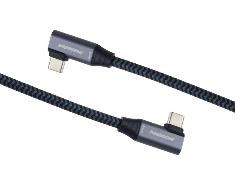 PremiumCord USB-C 2x zahnutý kábel ( USB 3.2 GEN 2x2, 5A, 100W, 20Gbit/s ) bavlnený oplet, 2m 